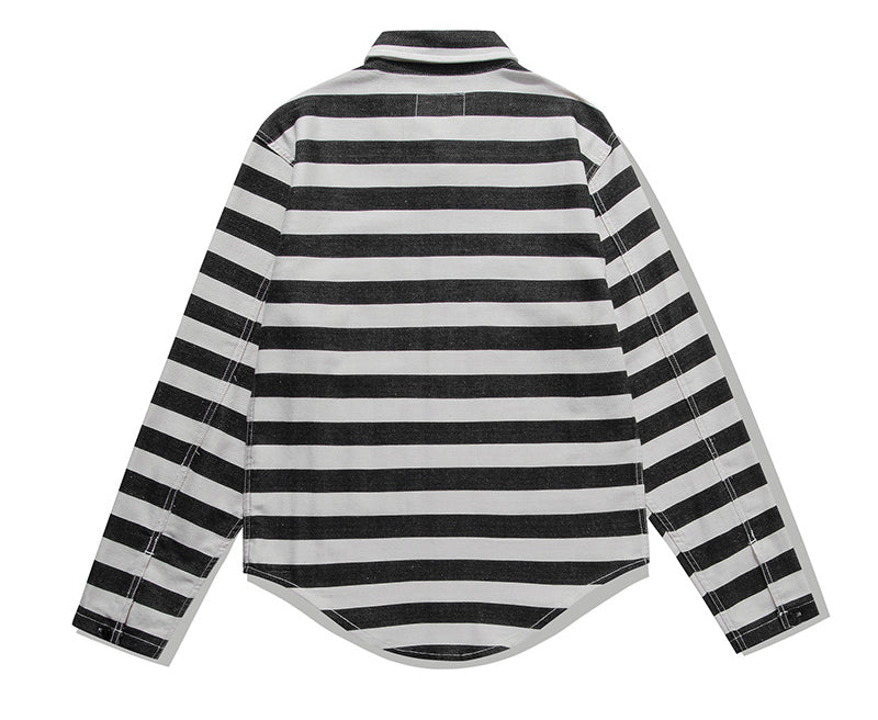Amekaji Vintage Large Pocket Striped Long Sleeve Shirt