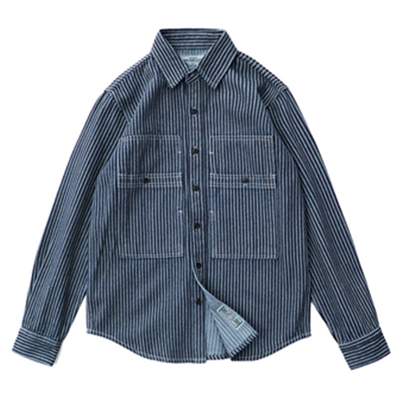 Amekaji Vintage Tooling Shirt Striped Cargo Denim Shirt