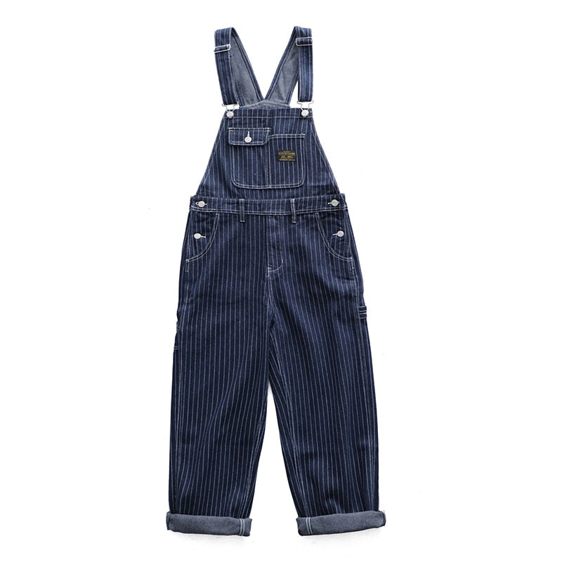 Amekaji Vintage Plain Striped Overalls Denim Jeans
